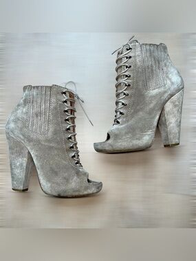Givenchy Taupe Suede Beige Lace-Up Peep-Toe Block High Heel Booties, Women’s 36